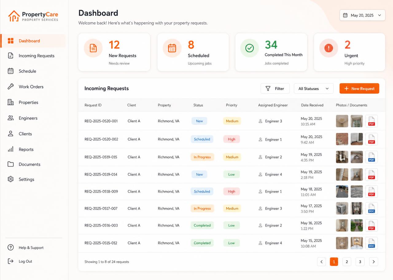 Back-office dashboard showing incoming requests, status badges and assigned engineers