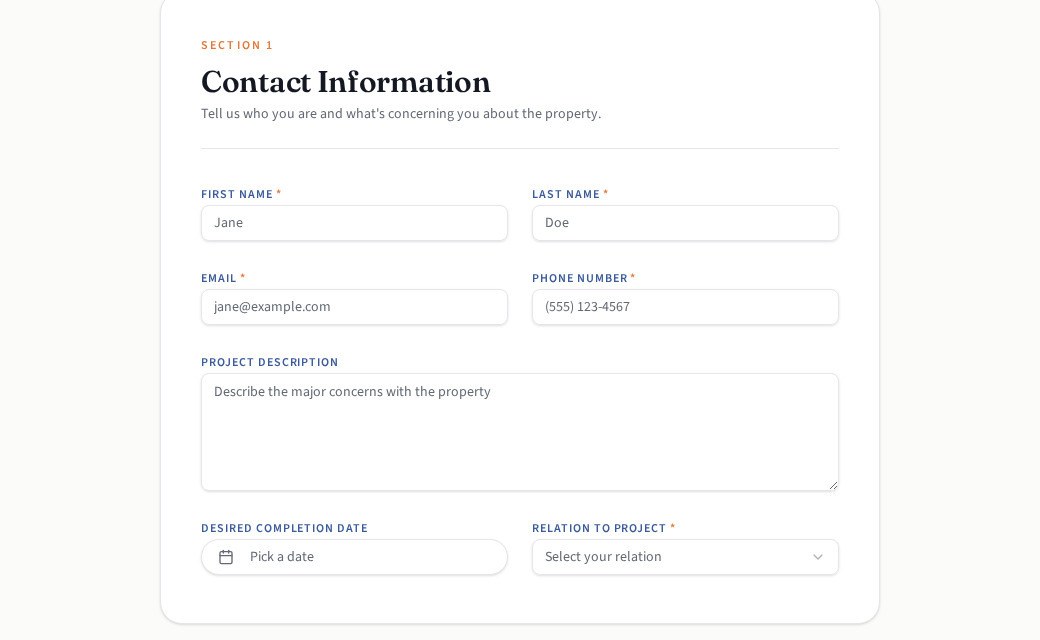 Contact information section of the public intake form