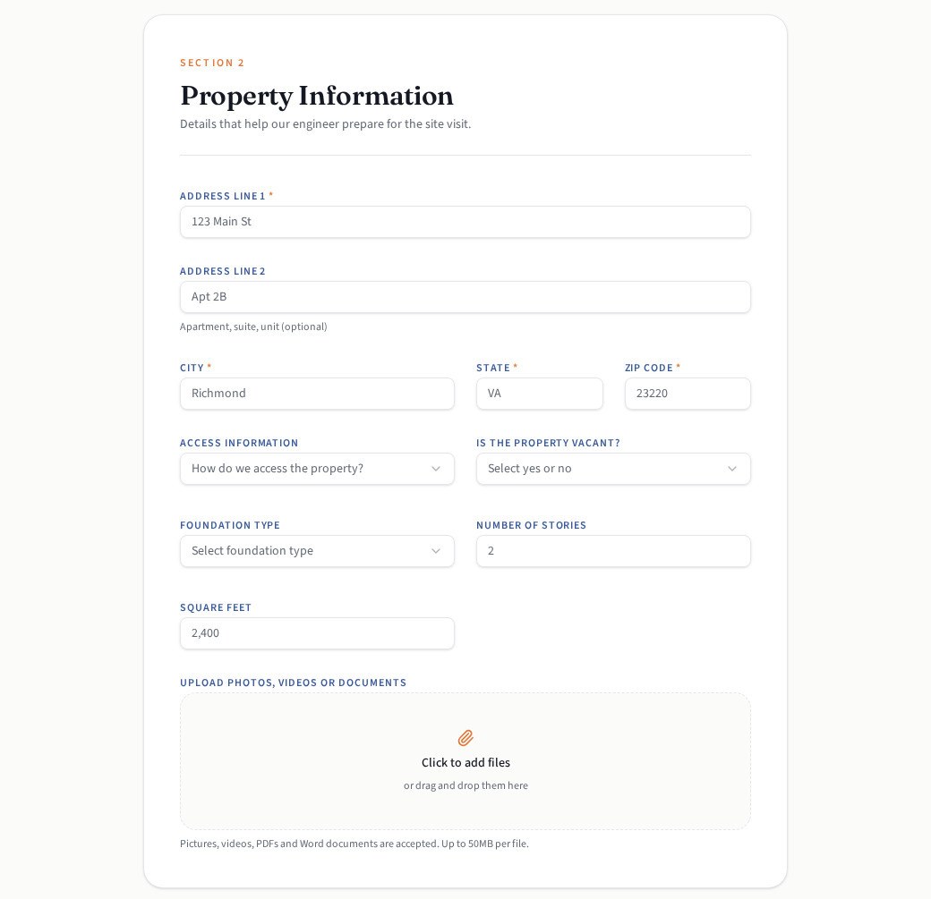 Property information section of the intake form with address, access, foundation and upload fields