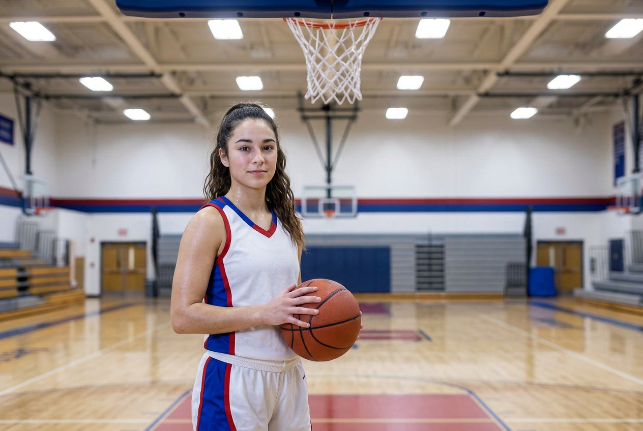 Avery Monroe holding a basketball after practice