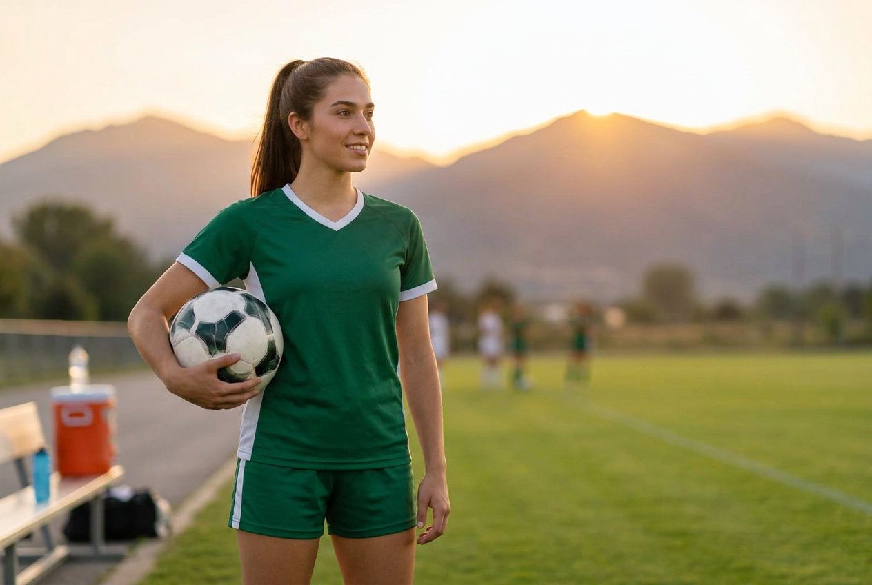 Sofia Alvarez holding a soccer ball on the sideline
